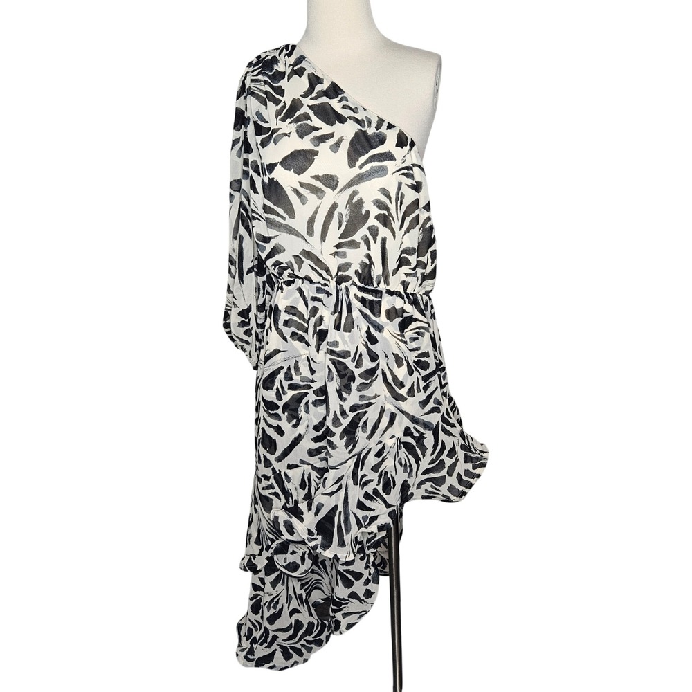 Alexis Black White One Shoulder Ruffle Dress Asymmetrical Tropical Print XL NWT